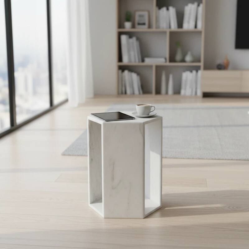 Roomfitters Luxury Natural Marble Hexagon Side Table, Solid Stone Geometric Pedestal End Table, Polished Finish - White