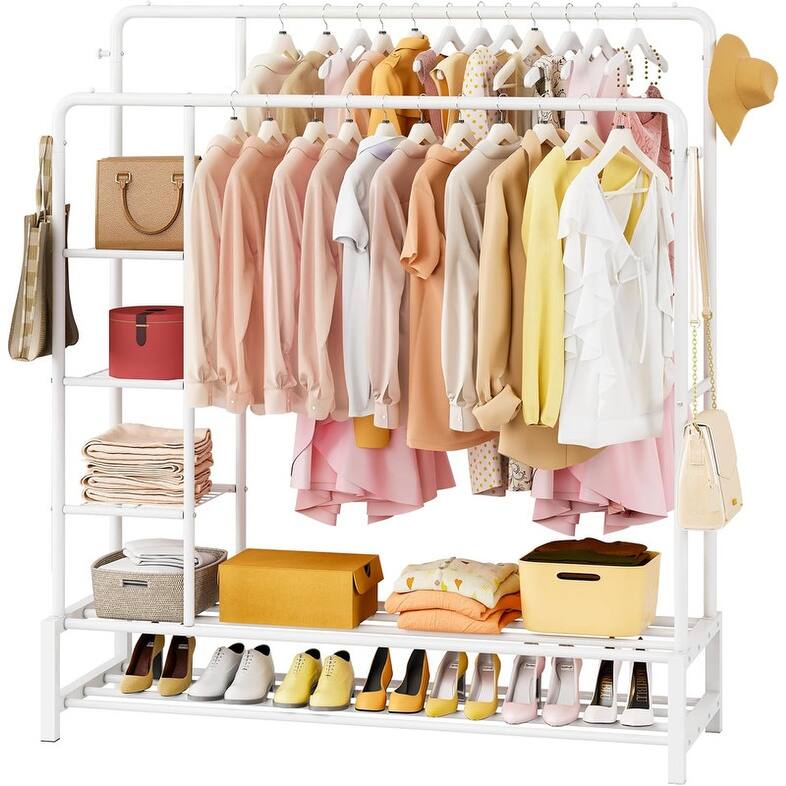 Clothes Hanging Rack with 2 Tier Storage Shelves - 13"D x 49"W x 64.76"H - 13"D x 49"W x 64.76"H - White