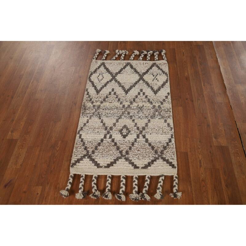 Striped Geometric Moroccan Accent Rug Hand-Knotted Wool Carpet - 2'0"x 3'0"