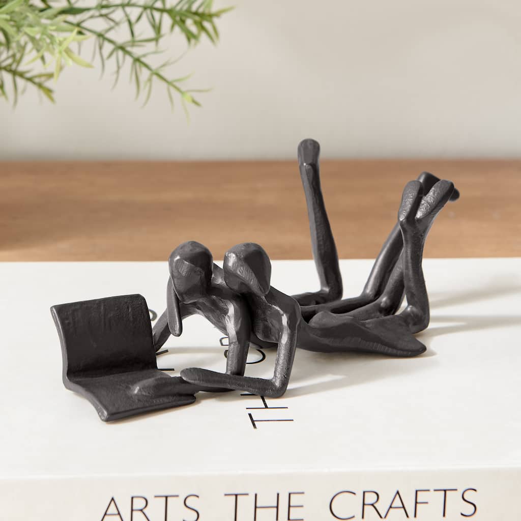 Brown Cast Iron Abstract Couple Reading Book Together Sculpture - Tabletop Figurine For Desks or Shelves