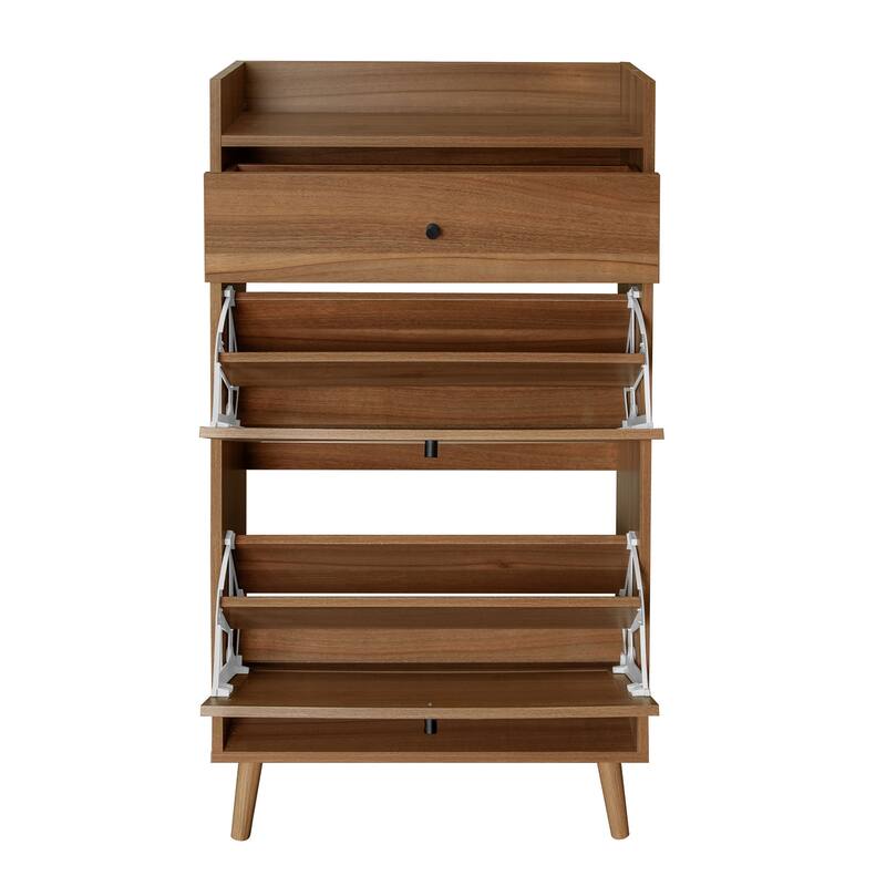 Entryway Shoe Storage Cabinet, Freestanding Rattan Shoe Rack, Shoe Organizer with 2 Flip Drawers & 1 Pull-Out drawer