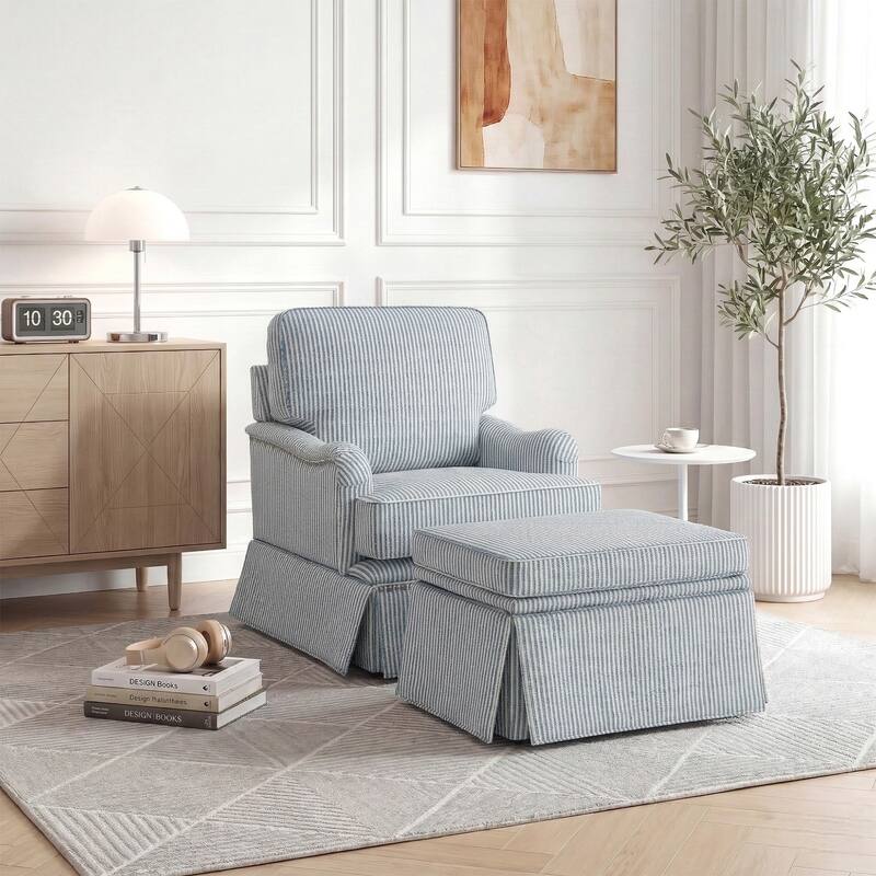 Modern Chenille Swivel Armchair and Storage Ottoman - Set of Chair with Ottoman - Pinstripe Blue