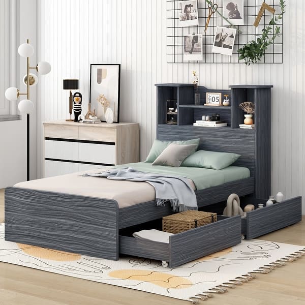 slide 2 of 33, Twin Storage Platform Bed with 4 Shelves, 2 Drawers, LED Light, Grey
