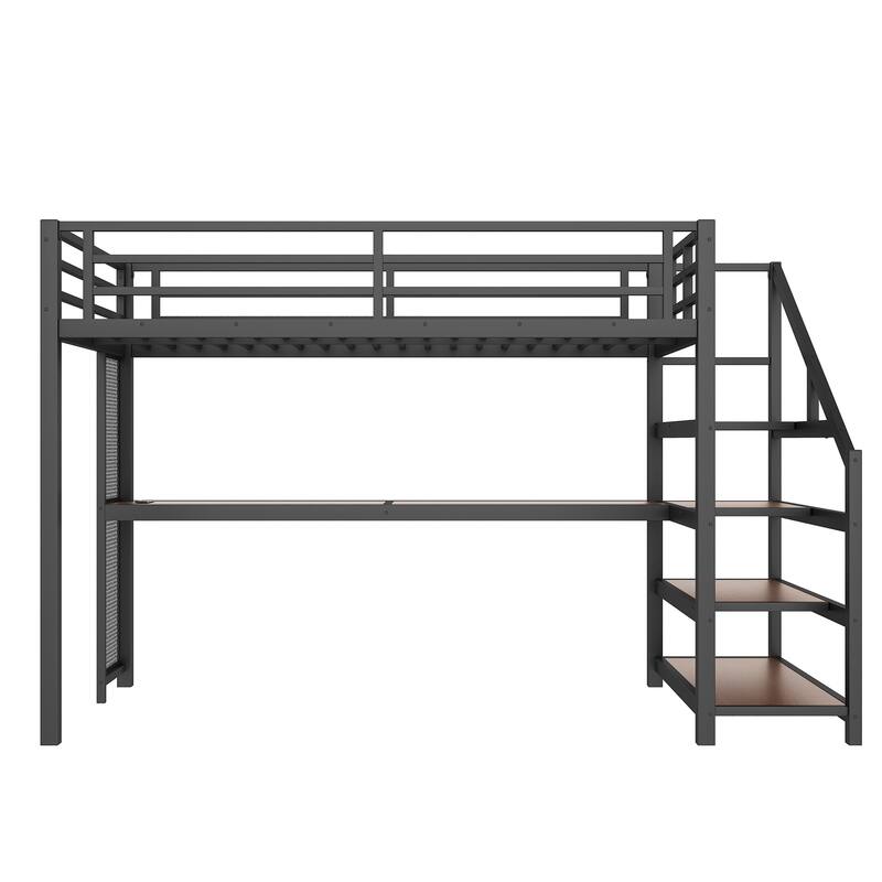 Roomfitters Twin XL Loft Bed with Desk and Storage Stairs, Metal High Sleeper with LED and USB Ports, Black