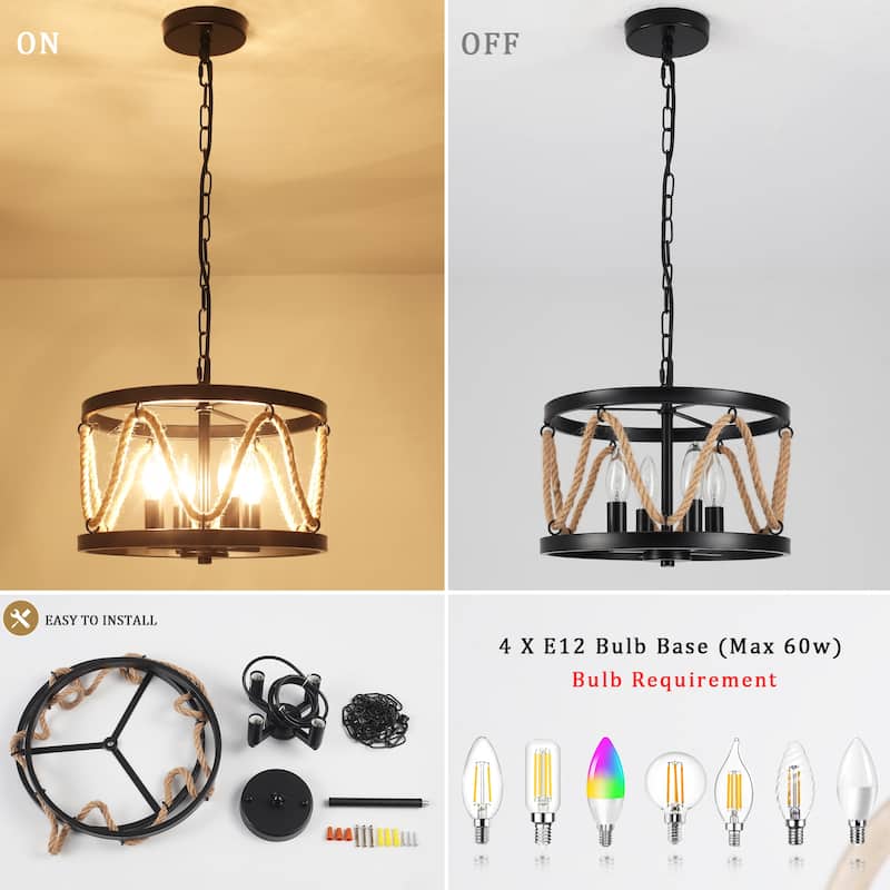 4-Light Drum-shaped Chandelier with Hemp Rope for Kitchen Living Room