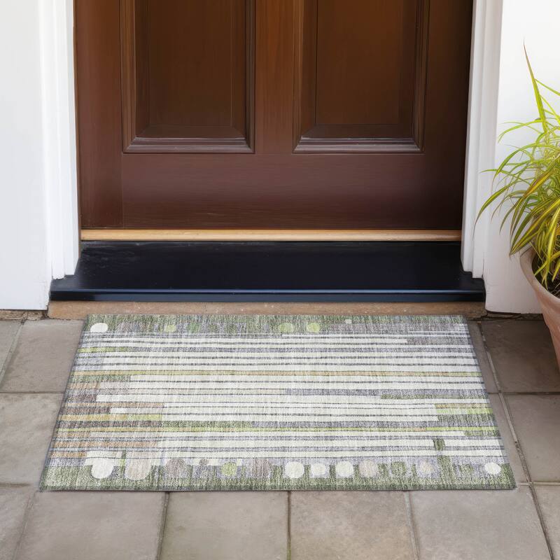 Machine Washable Indoor/Outdoor Casual Contemporary Chantille Rug - Olive - 1'8" x 2'6"