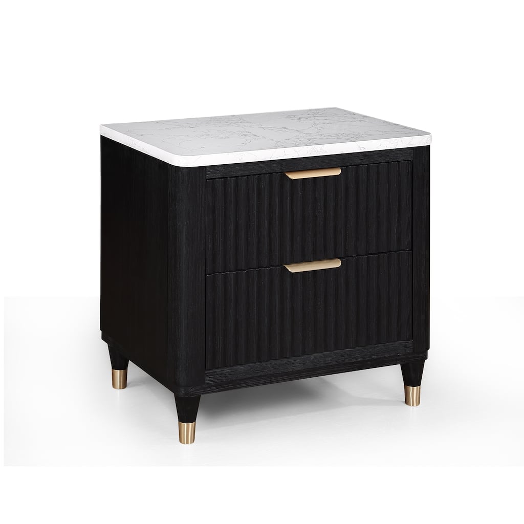 1pc 2-Drawer Black Nightstand White Top Metal Knobs