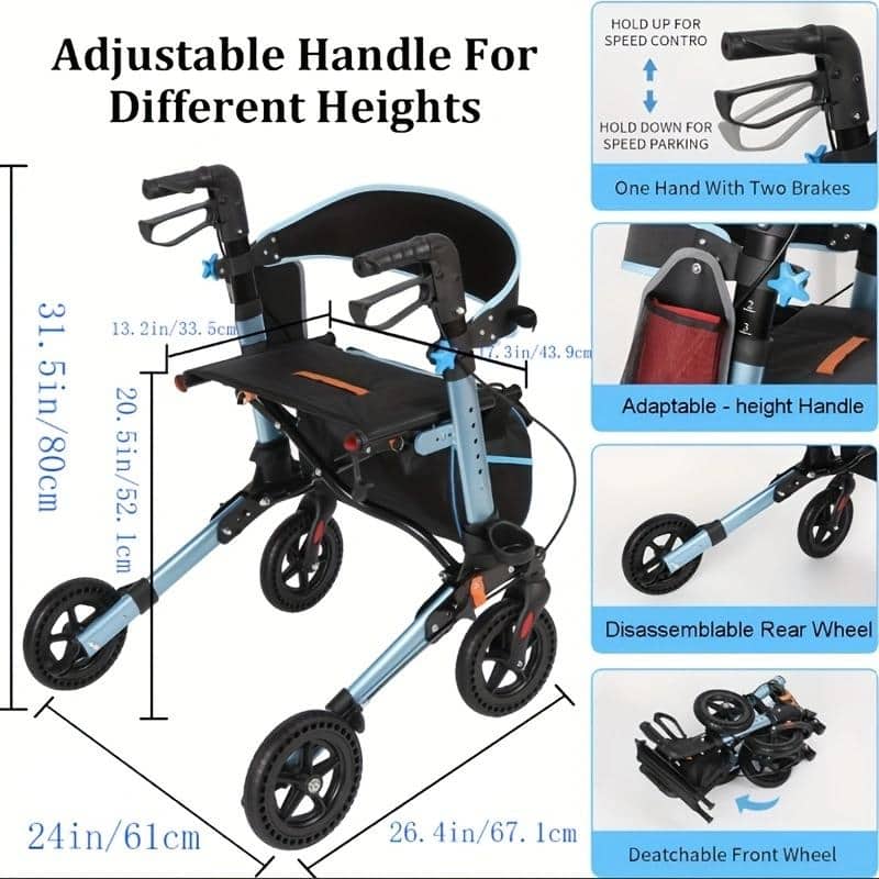 Lightweight Foldable All Terrain Rolling Walker with seat, Aluminum Walkers with 8 inch Rubber Wheels - Blue