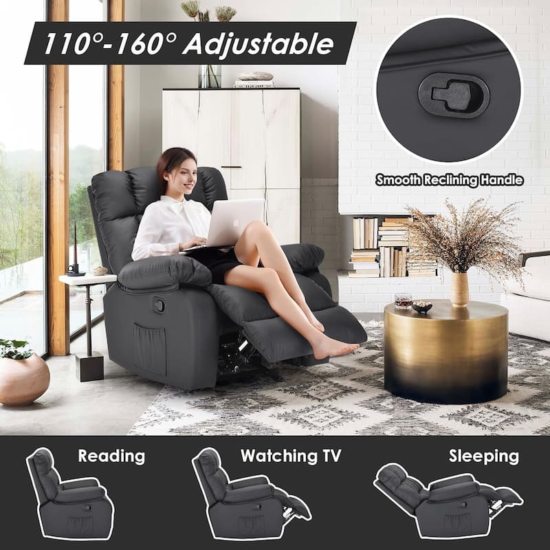 Upholstered Rocker Recliner Chair with Side Pocket, Ergonomic 110°-160°Adjustable Reclining Chairs, Sofa Chair with Footrest