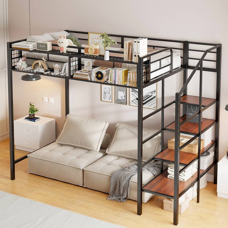 Twin Size Metal Loft Bed with Upper Grid Storage Shelf and Lateral Storage Ladder - Black