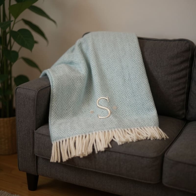 HomeRoots 55" X 70" Sky Blue And White Herringbone Cotton Blend S Initial Throw Blanket with Tassels And Embroidery - Throw - Sky Blue/White