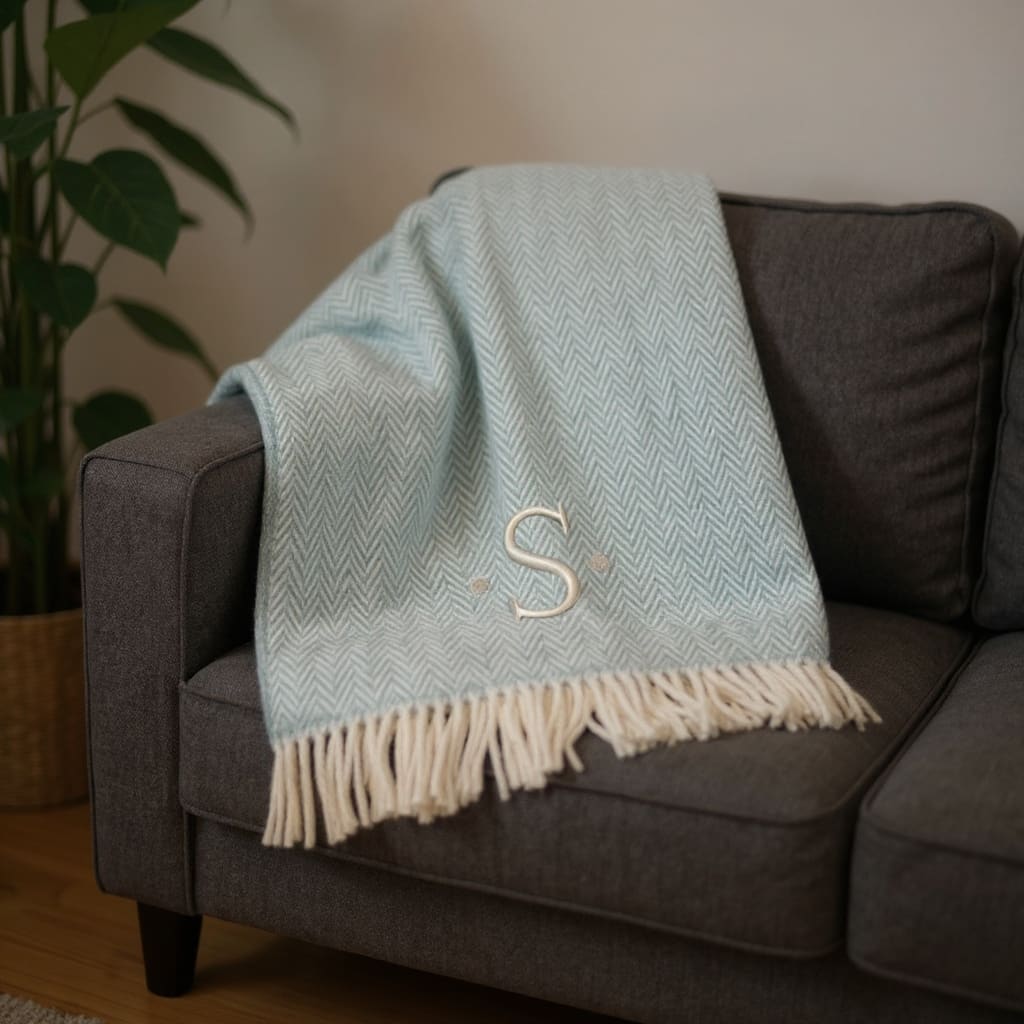 HomeRoots 55" X 70" Sky Blue And White Herringbone Cotton Blend S Initial Throw Blanket with Tassels And Embroidery