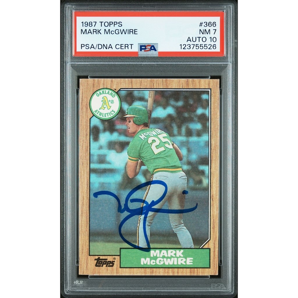 Mark McGwire 1987 Topps Signed Baseball Rookie Card #366 Graded PSA 7 Auto 10 Cert # 123755526 - 8' x 11'