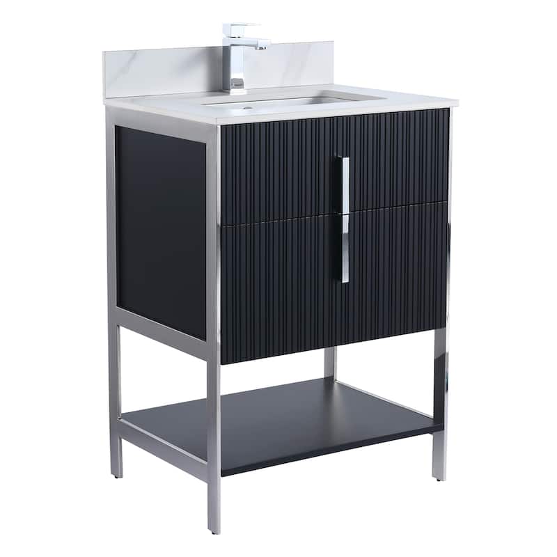 Fine Fixtures Serenity Modern Bathroom Vanity with White Carrara Stone Top - Black Matte - Chrome Hardware - 24 inch