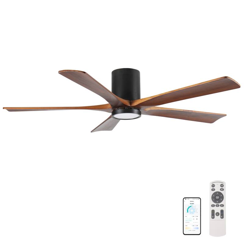 60" Ceiling Fan with Light, Flush Mount, 5 Wood Blades, Quiet Reversible DC Motor, Remote Control, Dimmable Full-Spectrum LED - Natural Wood