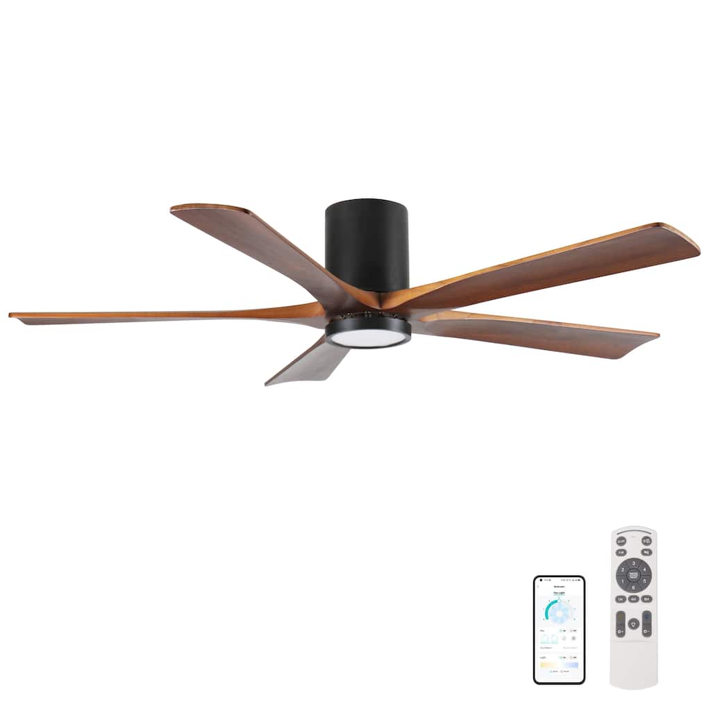 60" Ceiling Fan with Light, Flush Mount, 5 Wood Blades, Quiet Reversible DC Motor, Remote Control, Dimmable Full-Spectrum LED