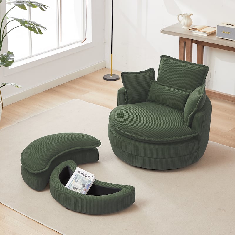 52" Upholstered Swivel Barrel Chair with Moon Storage Ottoman