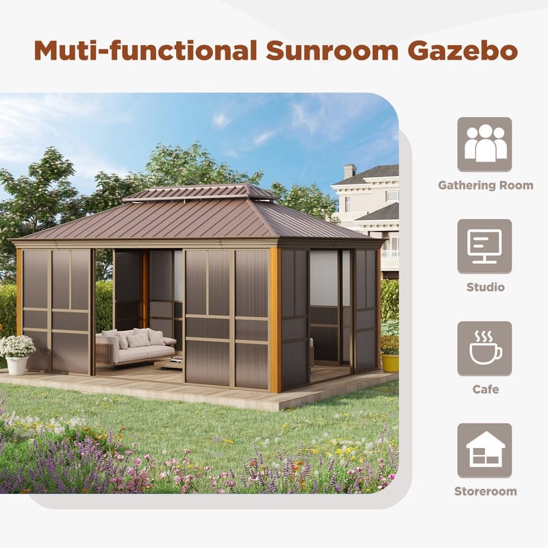 Outdoor Hardtop Sunroom Gazebo with Double Roof & Sliding Doors, All-Season Aluminum Outdoor Pergola, PE Screens&Lockable Design