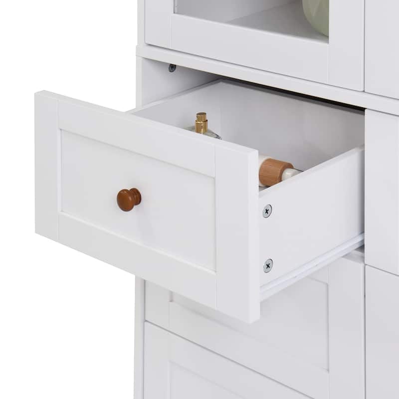White MDF Display Storage Cabinet,Tall Kitchen Pantry Cabinets with Glass Doors and Adjustable Shelves,Freestanding