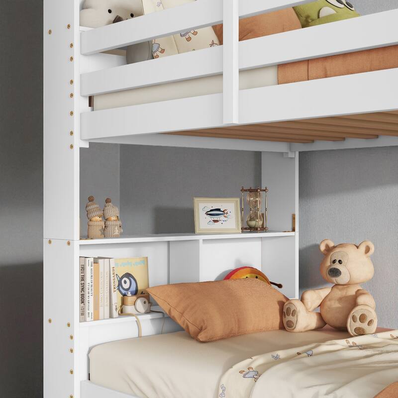 Twin Over Twin Bunk Bed with Shelves Headboard, Solid Rubber Wood Frame with Guardrails, Ladder, and Convertible Design