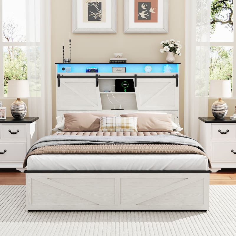 Farmhouse Storage Bed Frame with Storage Headboard, Charging Station and LED Lights, Optional Platform Bed with Drawers