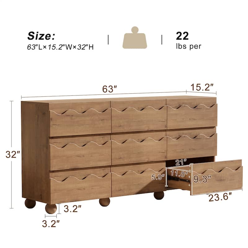 Wave Front 9 Drawer Dresser Handle-Free Modern Storage Cabinet