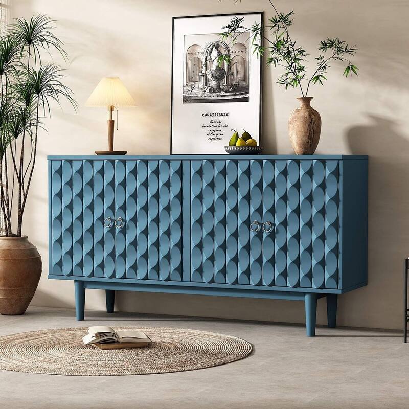60" Modern 4-Door with Convex Pattern Doors and Silver Handles Buffet/Sideboard