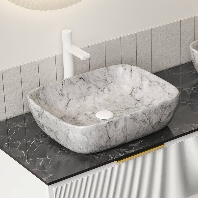 19" Bathroom Ceramic Sink without Cabinet, Volakas White Marble