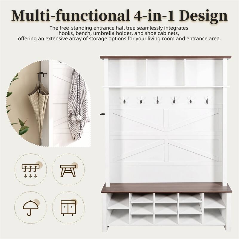 4-in-1 Hall Tree with 6 Hooks,Entryway Bench with Adjustable Shelves