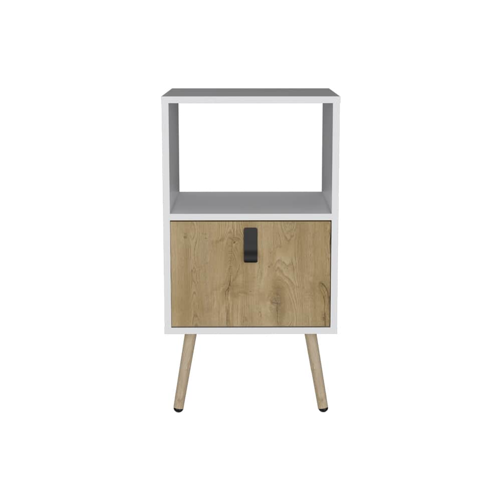 White & Macadamia Nightstand with Drawer and Open Shelf, Modern Bedroom Furniture