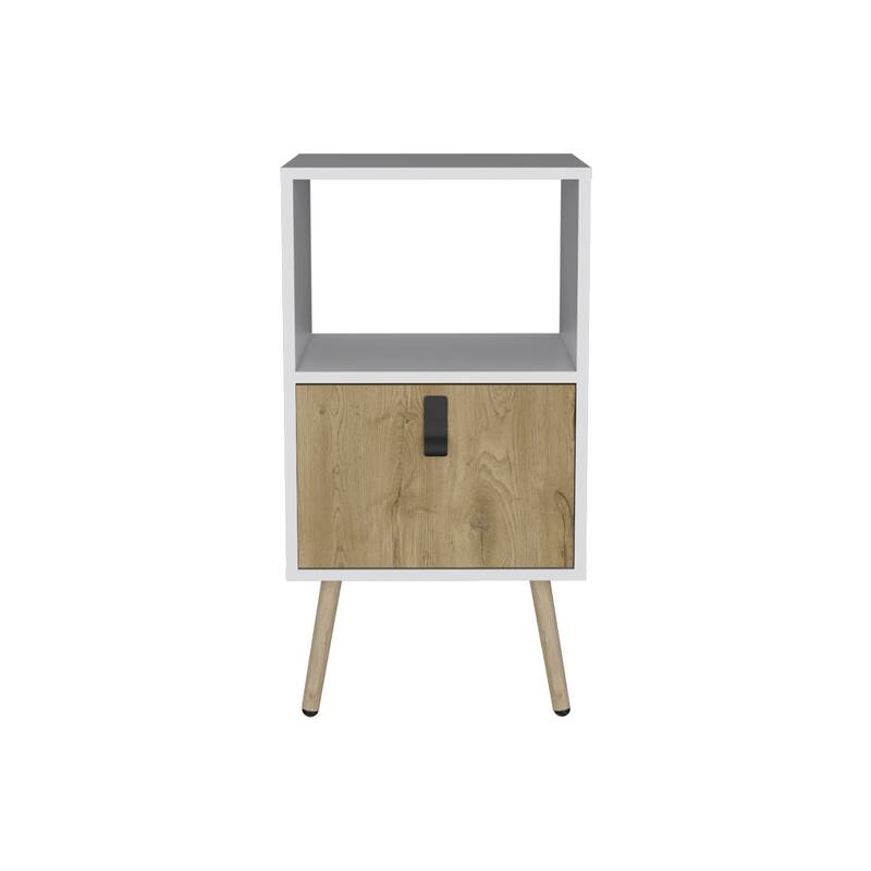 White & Macadamia Nightstand with Drawer and Open Shelf, Modern Bedroom Furniture - Multicolor