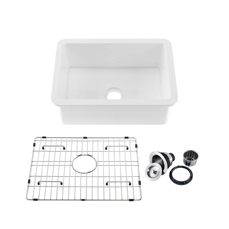 White Fireclay Farmhouse Undermount Kitchen Sink with Bottom Grid and Strainer - 27"