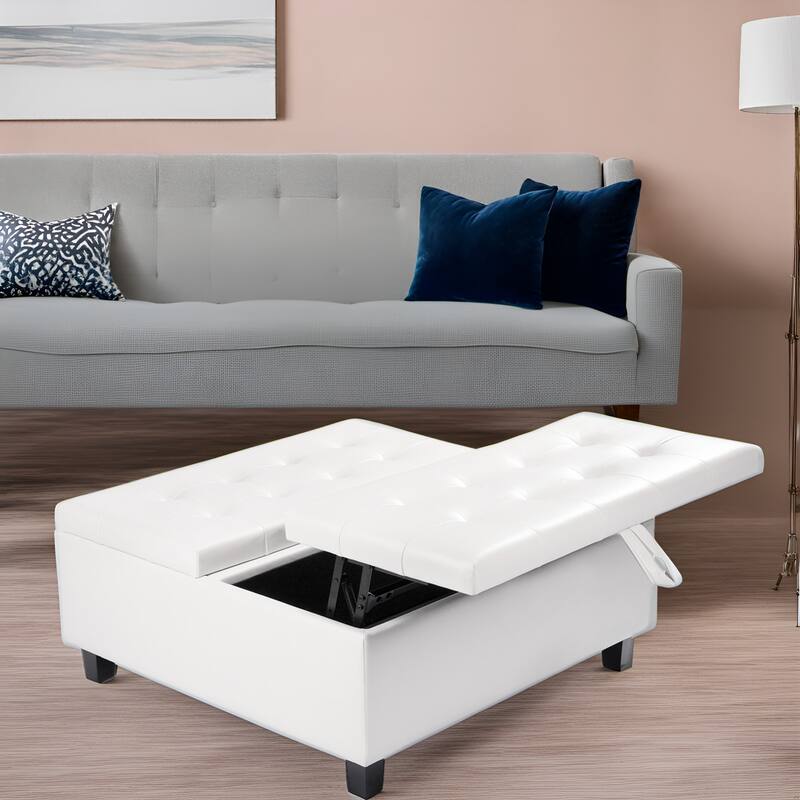 35-Inch Air Leather Tufted Upholstered Lift-Top Ottoman Bench, Large Square Storage Coffee Table for Living Room
