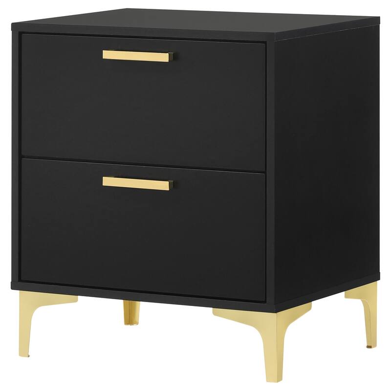 Black Modern Glam 2-Drawer Nightstand with Slim Gold Handles and Bracket Legs, Spacious Contemporary Storage