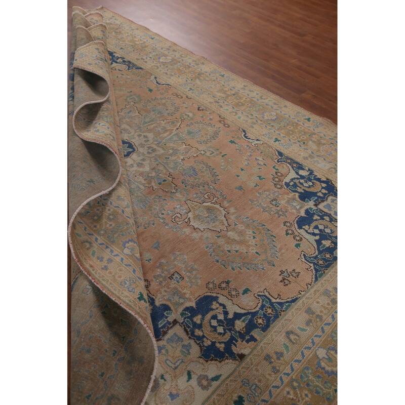 Distressed Mashad Persian Antique Area Rug Handmade Wool Carpet - 6'6" x 9'8"
