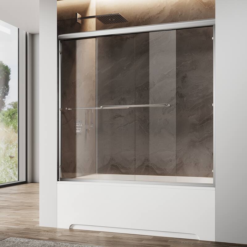 Sunny Shower Double Sliding Shower Door Bright Silver Finish Framed With 1/4 inch Clear Tempered Glass
