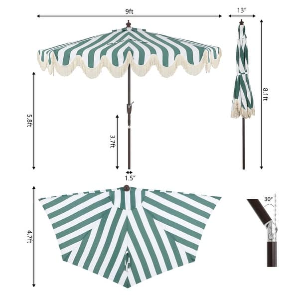 dimension image slide 4 of 12, 9ft Half Market Umbrella, Scalloped, Crank, Tilt, UV, by JONATHAN Y