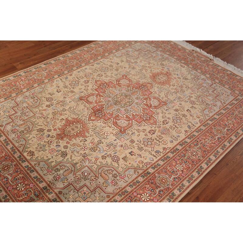 Geometric Tabriz Oriental Rug Handmade Wool Carpet - 5'1" x 6'11"
