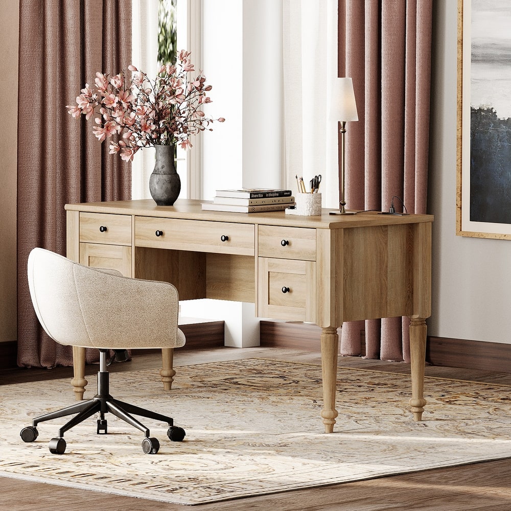 56'' Farmhouse Executive Desk with Drawers White/Oak - 5 Drawers and 2 Doors