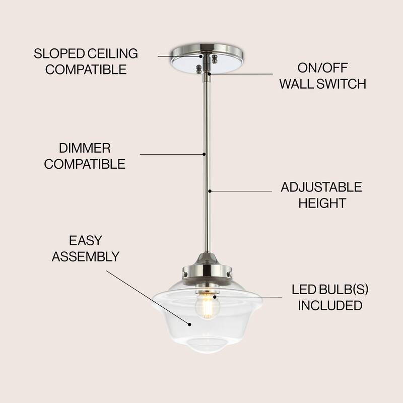 Cleo Adjustable Drop Metal/Glass LED Pendant, by JONATHAN Y