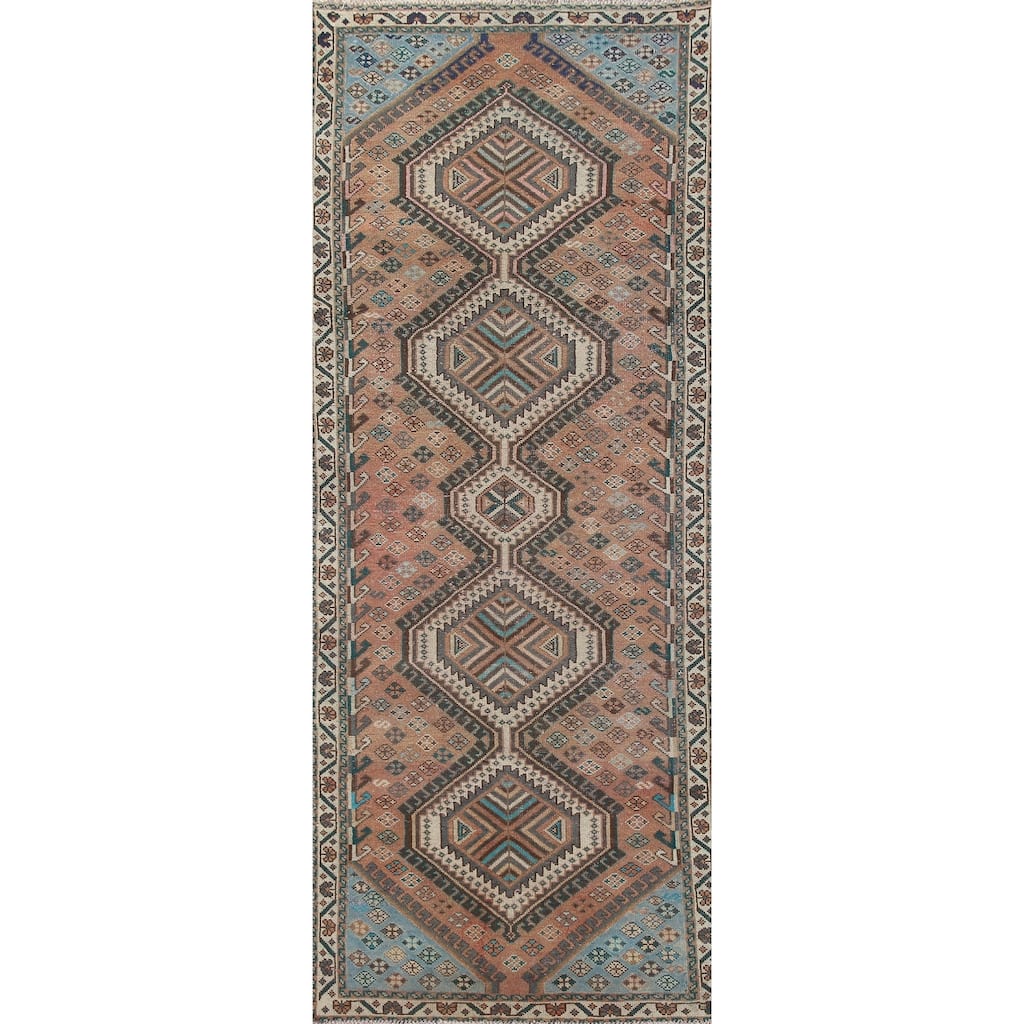 Hand Knotted Oriental 100% Wool Carpet Traditional Geometric Oranges & Rust Bakhtiari Runner Rug - 9' 10'' X 3' 6''