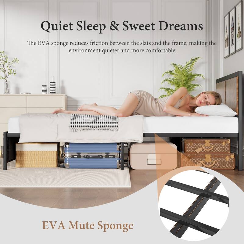 VECELO Platform Bed Frame with Wooden Headboard Heavy Duty Steel Slats Support No Box Spring Needed