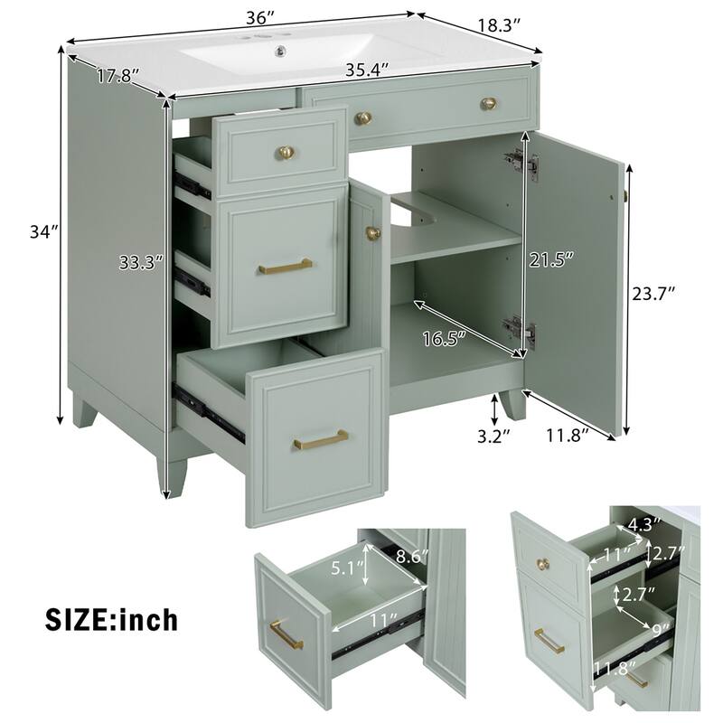 36"Bathroom Vanity with Ceramic Sink,Standard and Double-Layer Drawers - Green