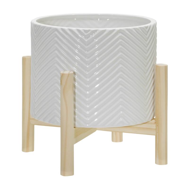 Ceramic Planter Trendy White Planter Elevated on Wooden Stand with Chevron Design For Indoor or Outdoor Plants