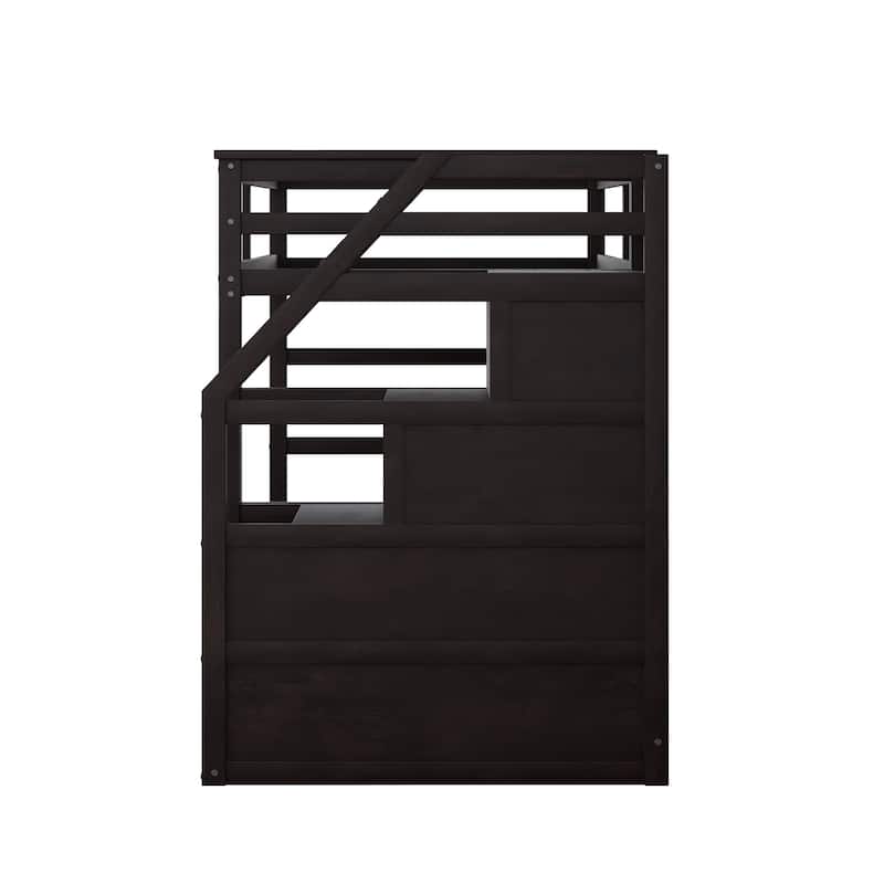 Kids Twin Ove Twin Bunk Bed with Pull-Out Trundle and 3 Storage Stairs, Safety Guardrails and Armrest