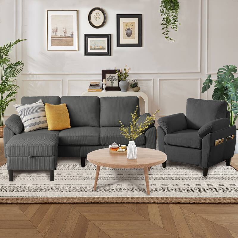 79.72" Corduroy 3 Pieces Living Room Sets Including Sectional Sofa with Storage Ottoman & Side Pockets & Armchair Set - Dark Grey