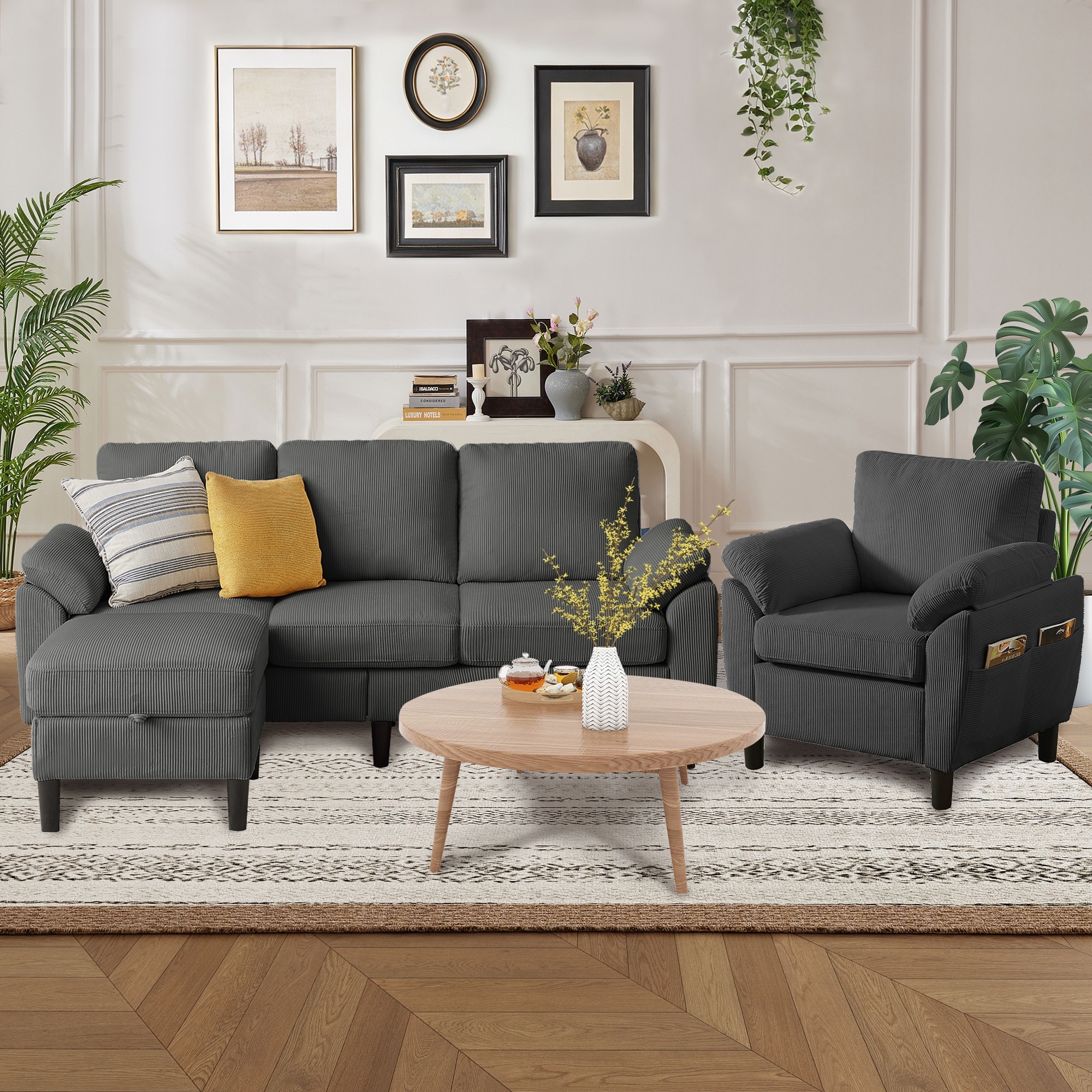 79.72" Corduroy 3 Pieces Living Room Sets Including Sectional Sofa with Storage Ottoman & Side Pockets & Armchair Set