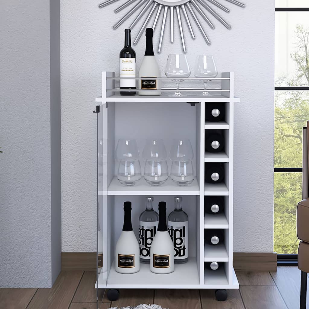 White 6-Bottle Bar Cart, 3 Shelves, Glass Door Cabinet, Wine Storage, Metal Rails, and Display Shelves