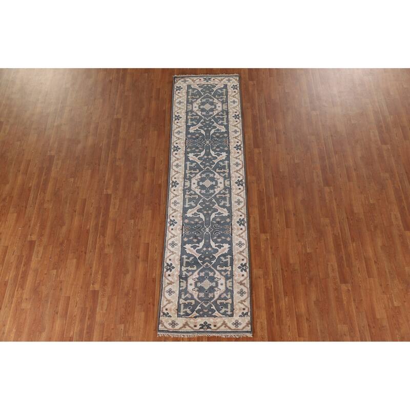 All-Over Blue Oushak Indian Runner Rug Hand-knotted Wool Carpet - 2'7"x 9'10"