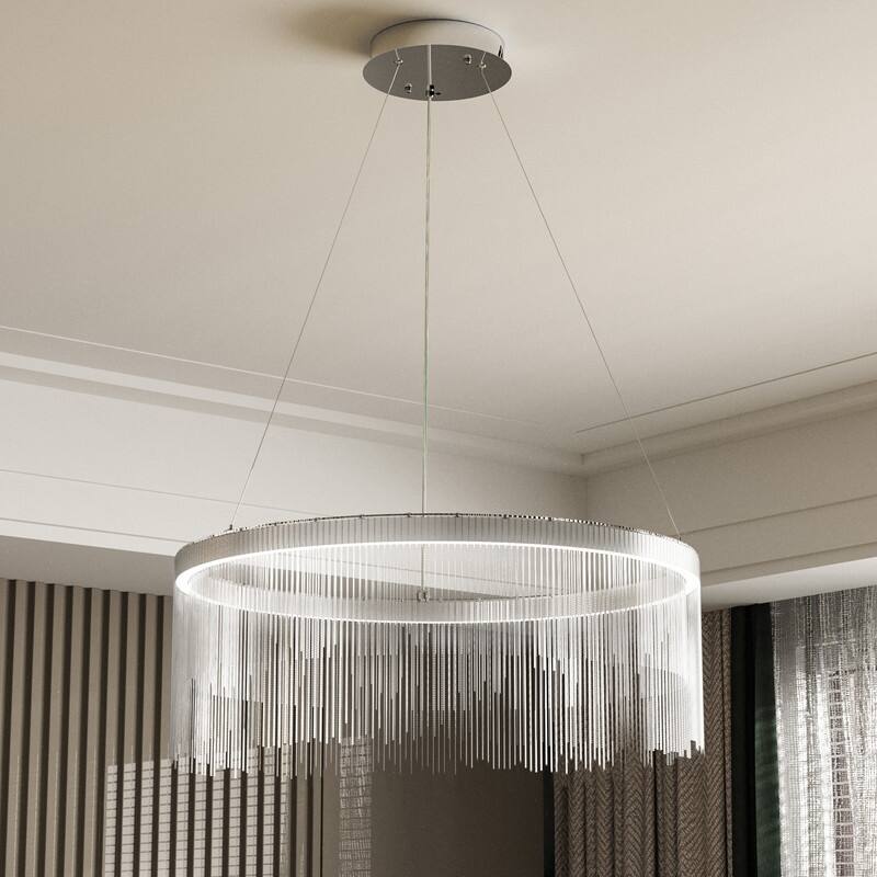 Aluminum Tassel Linear Chandelier Round Ceiling Pendant Lighting Fixture Over Dining Table, Kitchen Islands, Entryways - 32"x11"